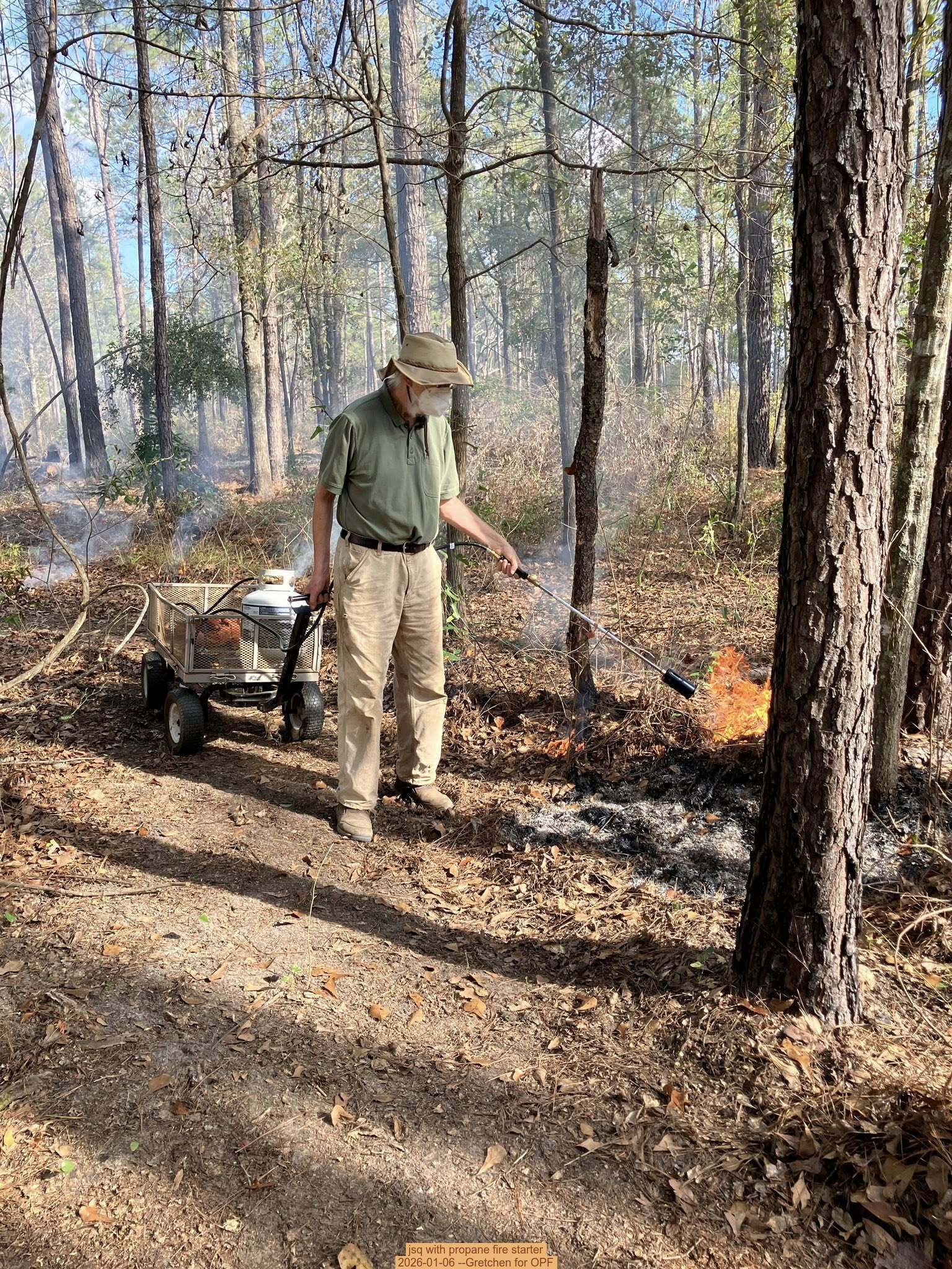 jsq with propane fire starter, 2026-01-06, 5-acre prescribed burn --Gretchen for OPF